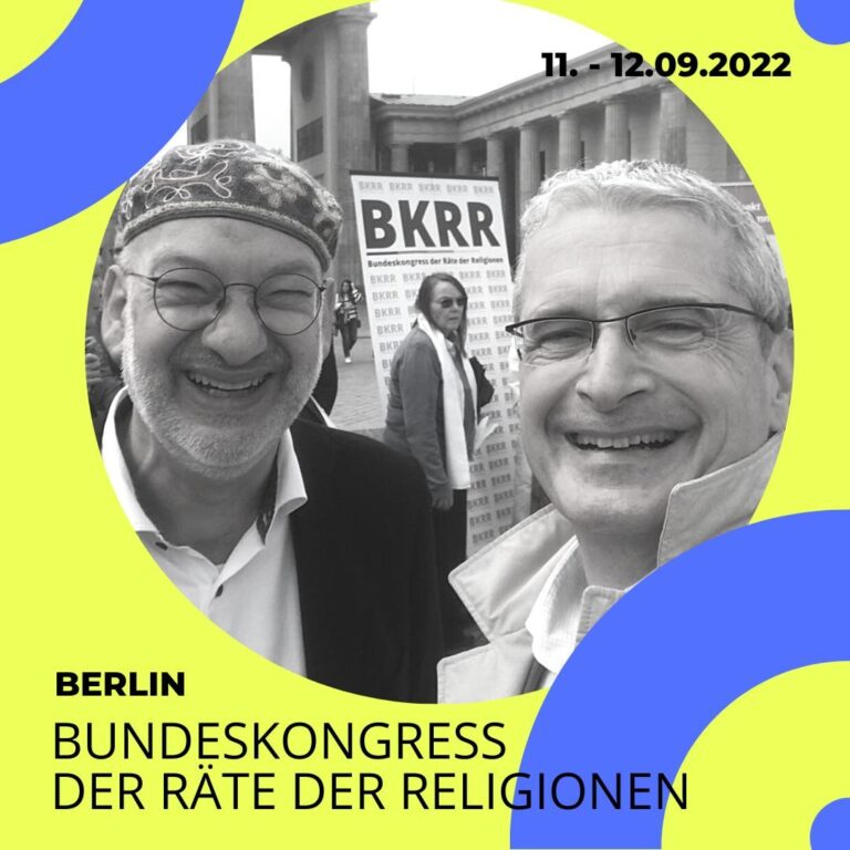 Grafik zum Bundeskongress der Räte der Religionen 2022 in Berlin mit zwei lachenden Teilnehmern