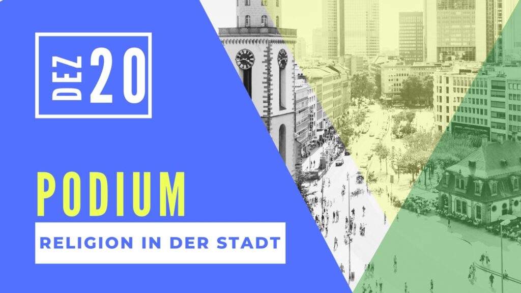 Grafik zum Podium „Religion in der Stadt“ mit Blick auf die Frankfurter Innenstadt
