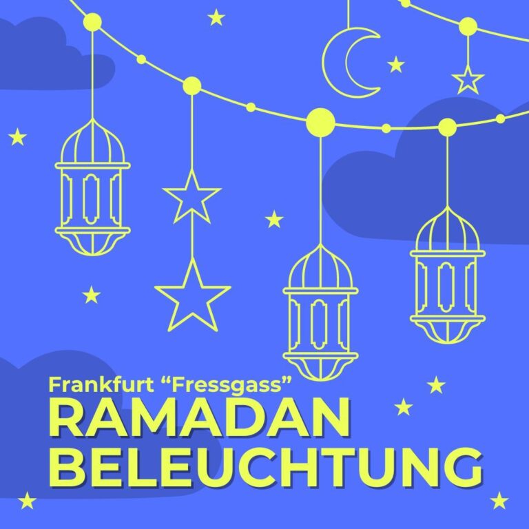 Grafik zur Ramadan-Beleuchtung auf der Frankfurter Fressgass mit Laternen, Sternen und Halbmond