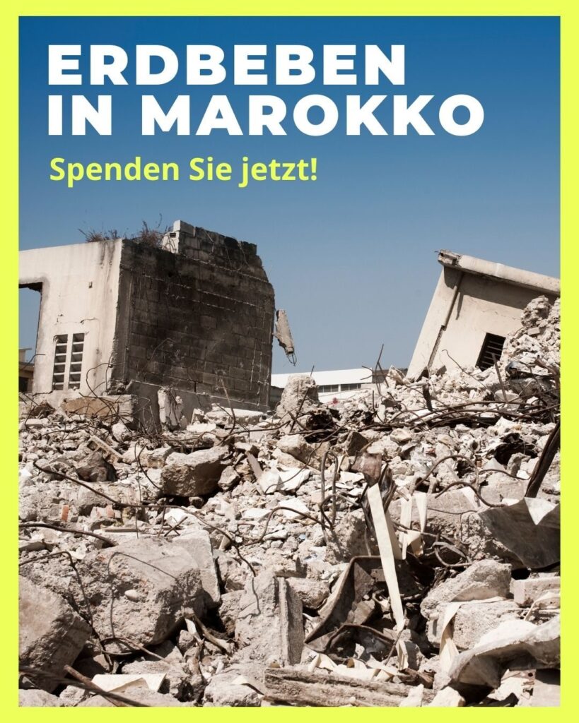Grafik zum Spendenaufruf „Erdbeben in Marokko“ mit zerstörten Häusern